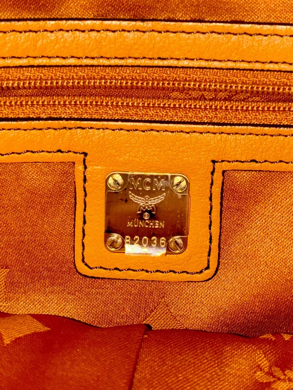 MCM Cognac Embossed Full Leather Tote with Top Handles & Long Strap - LIKE NEW